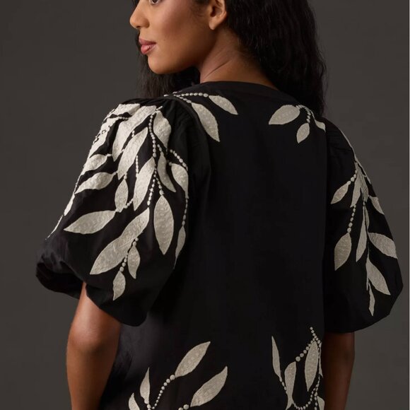 By Anthropologie Puff-Sleeve Embroidered Blouse 1X Plus Sized - Picture 3 of 9